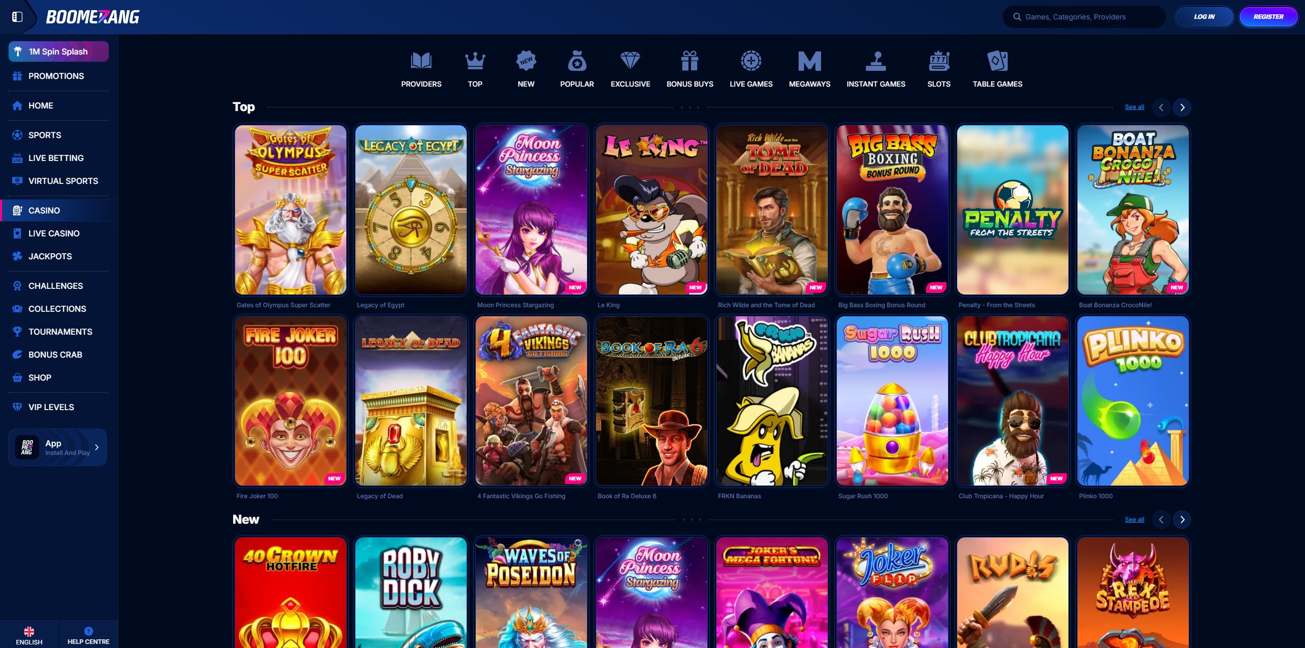 Spielauswahl und Casino Lobby im Boomerang Online Casino