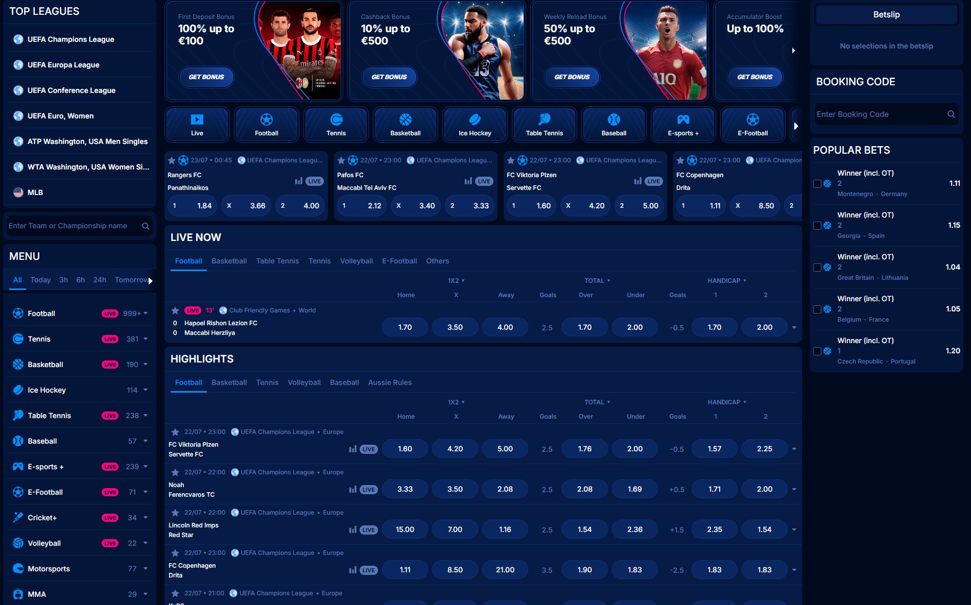 Übersicht der Sportwetten bei Boomerang Bet