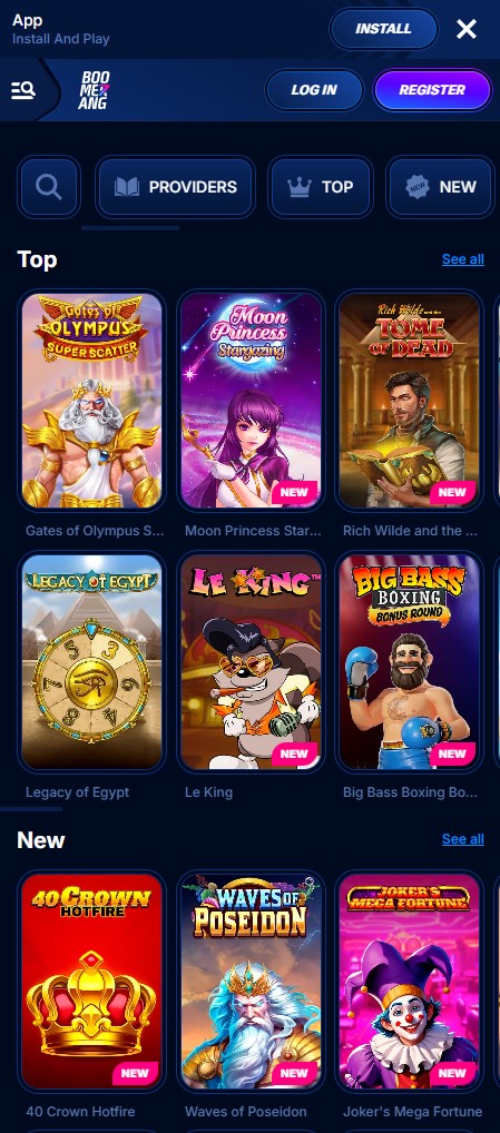 Boomerang Casino App auf einem Smartphone, das die Spielelobby anzeigt